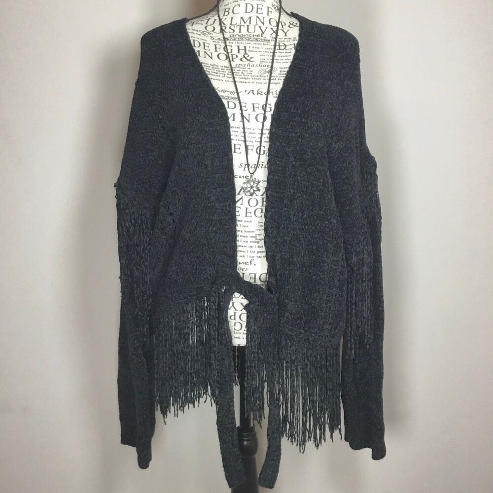Black chenille tassel hem cardigan soft stretchy Western witchy tassel sleeve XL